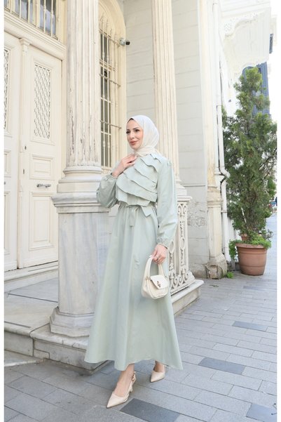 HNT Hayrunnisa Tesettür Ruffle Detailed Belted Terry Cotton Dress Green Hnt0313