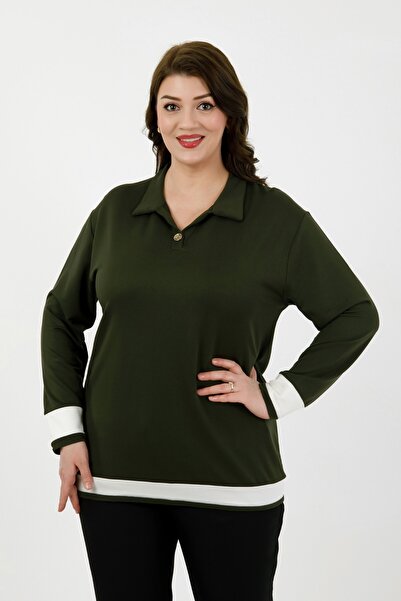 By Alba Collection Γυναικεία Πλεκτή Μπλούζα Μεγάλου Μεγέθους με Χακί Γαρνιρίσ...