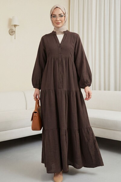 HİJABAYA Φόρεμα μουσελίνας με λαιμόκοψη V, μισά κουμπιά και ελαστικά μανίκια