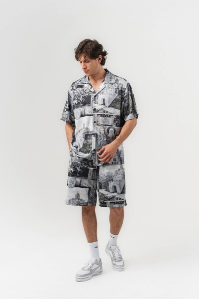go gang own Monarch Patterned Short Sleeve Shirt and Elastic Waist Shorts Set