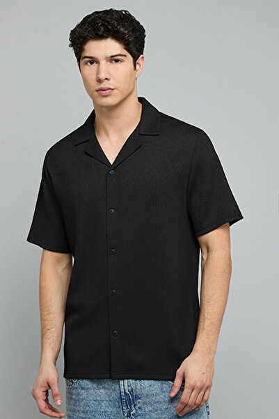 R&B Textured Shirt with Revere Collar and Short Sleeves