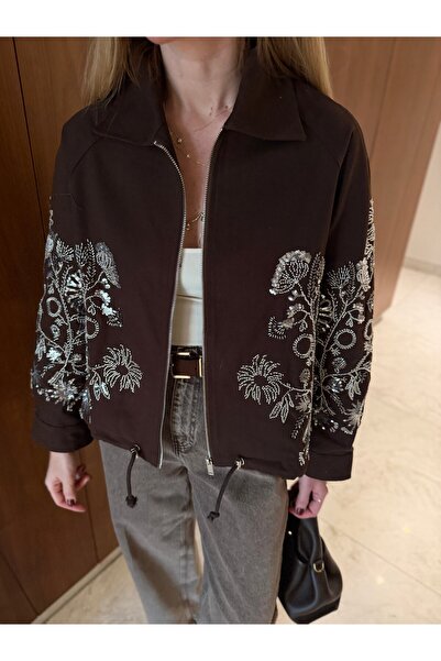 begum mayda Pul & Taş İşlemeli , Acıkahve , Premium Gabardin Ceket
