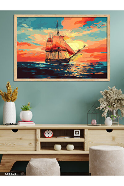 Evinemoda Εικόνα ηλιοβασιλέματος και πλοίου με ξύλινο πλαίσιο από μονοκόμματο...