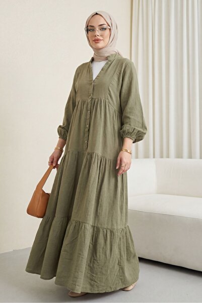 HİJABAYA Φόρεμα μουσελίνας με λαιμόκοψη V, μισά κουμπιά και ελαστικά μανίκια