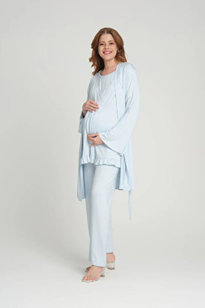 Rimel Homewear Pamuklu 3’lü Hamile Lohusa Pijama Takımı ve Sabahlık Seti - Kr...