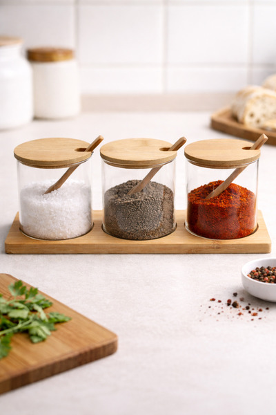 NOKKA 3-Piece Borosilicate Glass Spice Jar Set with Wooden Lid and Spoon - Ja...