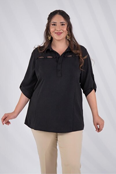 Roxxlen Γυναικεία μπλούζα μεγάλου μεγέθους με λεπτομέρεια κουμπιών