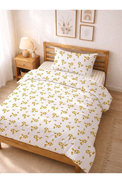 Evmila Σετ παπλωματοθήκης με φερμουάρ από βαμβάκι με κίτρινα λουλούδια και μο...