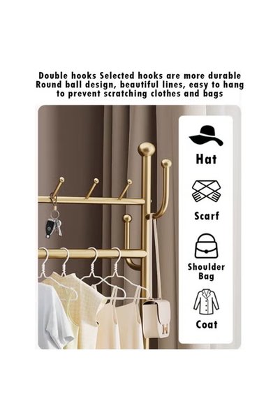 ZCM-HAPPY 3-in-1 gold clothes hanger with mirror, hooks, basket & wheels – space-saving 80cm wardrobe stand.