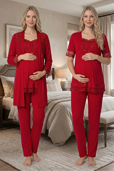 BLACKMORE Women's Cherry Cotton Lace Detailed Maternity Pajama Set with 3-Pie...