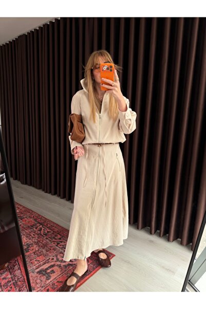 begum mayda Orijinal Model , Teknik Kumaş , Önden Fermuarlı , Bej Etek & Ceke...