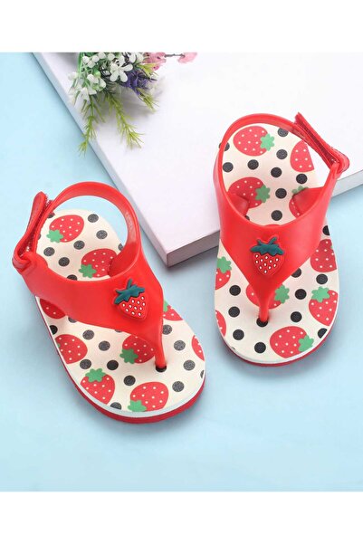 Babyoye Velcro Closure Flip Flops with Strawberry Print - Red