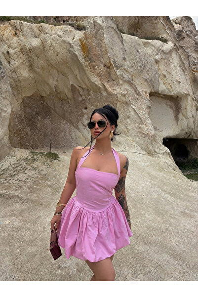 kırmızı butiks Ροζ Φόρεμα με Λαιμόκοψη Halter και Φούστα Μπαλόνι