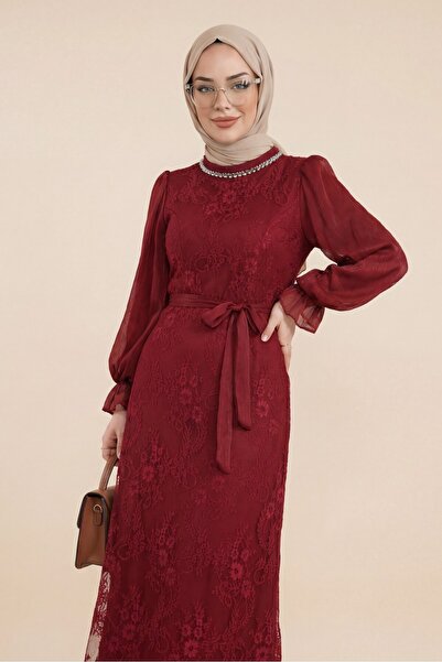 HİJABAYA Φόρεμα με ψηλό γιακά και μανίκια από σιφόν Janjan με δαντέλα και ζώνη