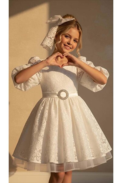 Riccotarz Κοριτσίστικο λευκό βραδινό φόρεμα με δαντέλα σε όλο το σώμα, λεπτομ...