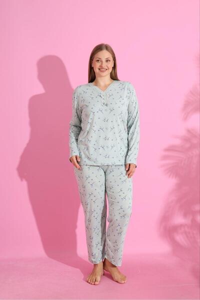 ALACURVE Women's Plus Size Patterned Collared Buttoned Long Sleeve Bamboo Pajama Set