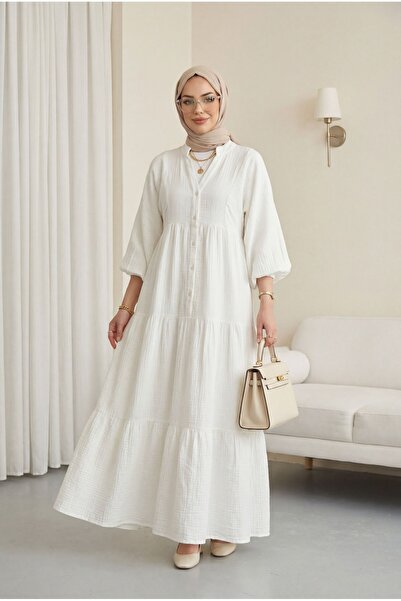 HİJABAYA Φόρεμα μουσελίνας με λαιμόκοψη V, μισά κουμπιά και ελαστικά μανίκια