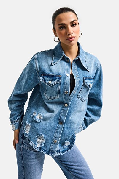 it's basic Γυναικείο Μπλε Τζιν Πουκάμισο 12s6-4 με Σκισίματα και Λεπτομέρειες