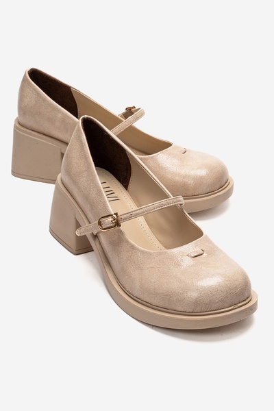 LuviShoes LUANDA Μπεζ γυναικεία παπούτσια Mary Jane με χοντρό τακούνι και λου...