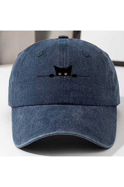 Touz Moda Yıkamalı Vintage Cute Cat Baskılı Unisex Şapka