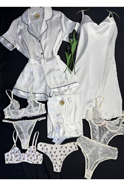 ROZENİN LINGERIE 9-Piece Boxed Premium Dowry Set Satin Pajamas Nightgown Robe...