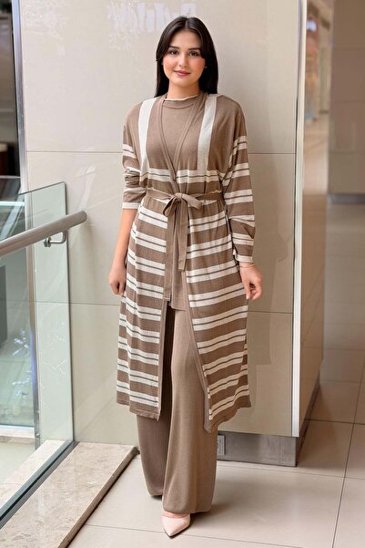 Ghisa Horizontal Stripe Sleeveless Tunic Cardigan Trousers 3-Piece Set Knitwe...