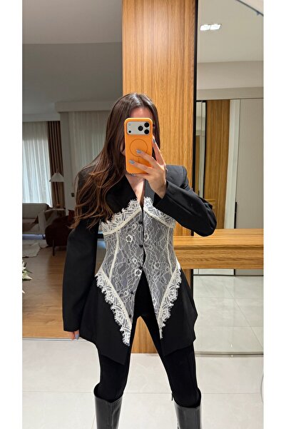 HARMONY GLOBAL Kadın Siyah Dantel Detaylı Blazer Ceket – Kruvaze Form, Astarlı, Şık ve Modern Tasarım Ceket 7869