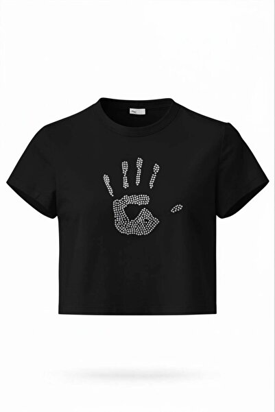 Miss Poem Γυναικείο μπλουζάκι με στάμπα μαύρης πέτρας και σχέδιο χεριού, με λ...