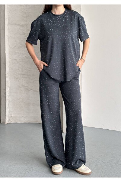 ÇEÇİM Γυναικείο Σετ Μπλουζάκι και Παντελόνι Oversize με Κέντημα Πέτρας και Λα...