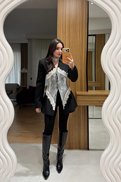 HARMONY GLOBAL Kadın Siyah Dantel Detaylı Blazer Ceket – Kruvaze Form, Astarlı, Şık ve Modern Tasarım Ceket 7869