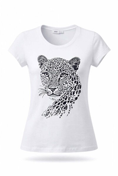 Miss Poem Γυναικείο κοντομάνικο μπλουζάκι με λευκό λεοπάρ στάμπα