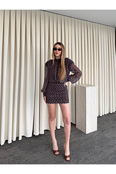 Laluvia Καφέ Μίνι Φόρεμα με Πουά - 6261