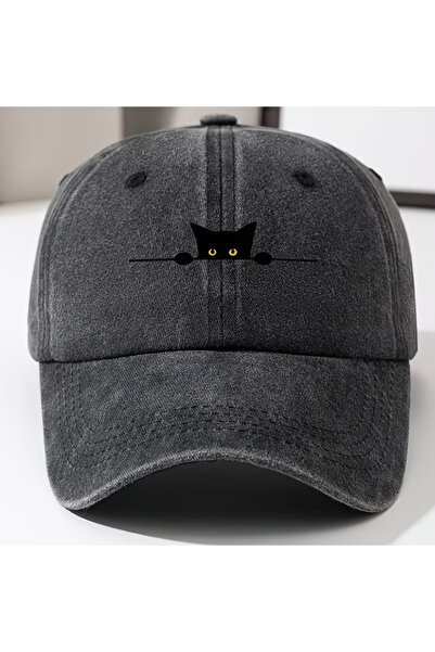 Touz Moda Yıkamalı Vintage Cute Cat Baskılı Unisex Şapka