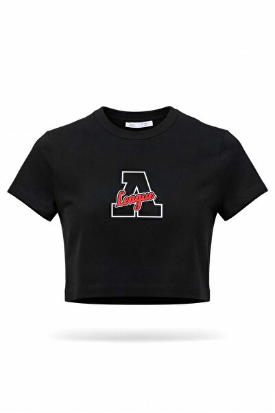 Miss Poem Γυναικείο μαύρο μπλουζάκι με στάμπα A League, κοντό και στενό, με λ...