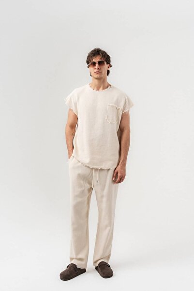 go gang own Σετ μπλουζάκι και παντελόνι από ξεφτισμένο λινό ύφασμα με κρόσσια...