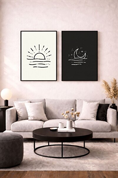 Dekor 2’li Minimal Tablo Seti | Güneş ve Ay Temalı Modern Duvar Dekoru | Siya...