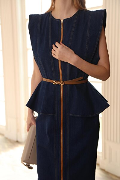 HOPEFUL DESİGN Women's Denim Navy Blue Belt Detailed Midi Dress