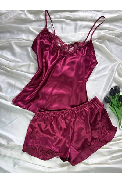 ROZENİN LINGERIE طقم بيجامة من الساتان بتفاصيل دانتيل ومقاس كبير