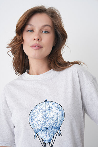 TREND EMMODA Tricou gri pentru femei, în stil de vară, cu imprimeu cu baloane...