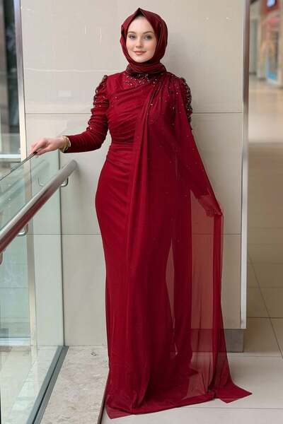 Mahal Fashion Night Stone Detailed Chiffon Tulle Evening Dress