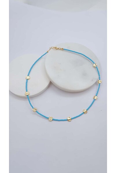Jerie Gold Crushed Plate Detail Turquoise Necklace