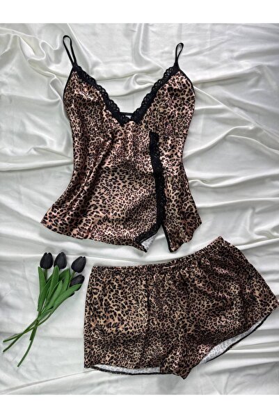 ROZENİN LINGERIE Plus Size Lace Detailed Satin Strap Shorts Pajama Set