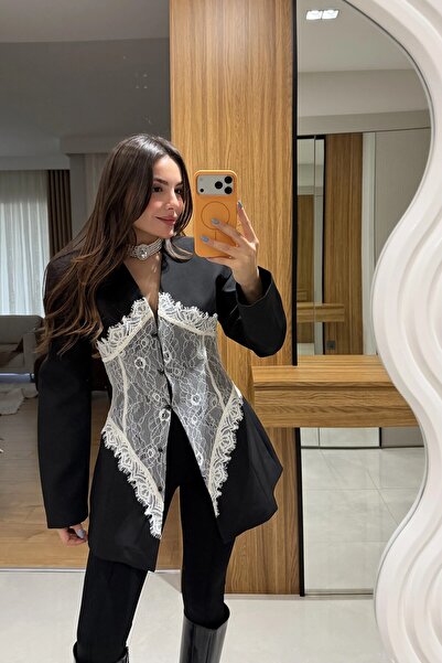 HARMONY GLOBAL Γυναικείο μαύρο μπλέιζερ με δαντέλα – Διπλό στήθος, με επένδυσ...