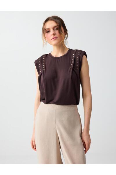 Jimmy Key Καφέ μπλούζα με στρογγυλή λαιμόκοψη, αμάνικη, με μεταλλική λεπτομέρ...