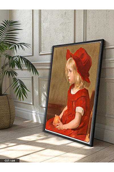 Evinemoda Παιδί με Κόκκινο Φόρεμα, Μονοκόμματος Πίνακας με Μαύρο Ξύλινο Πλαίσιο