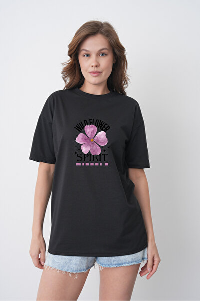 TREND EMMODA Tricou negru pentru femei, în stil de vară, cu imprimeu floral v...