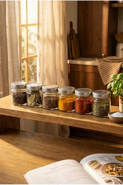 ZURİ DESİGN 6-Piece Glass Spice Jar Set with Silver Lids Transparent Glass Storage Jar 255 Cc