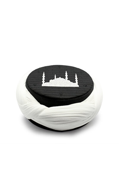 Sarıkhane Cami Sarigy - White Fabric - Black Skullcap - Crossed Wrap - Cami E...