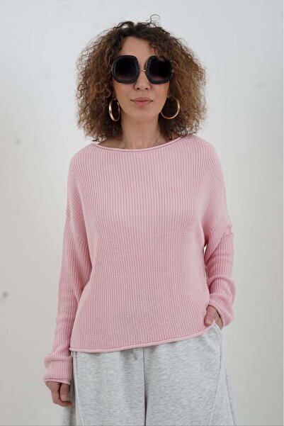 Zelish My Sister Powder Pink Boat Neck Basic Knitwear Sweater