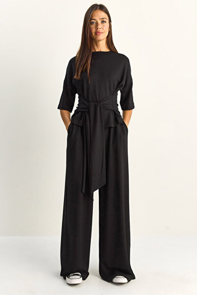 Bianco Lucci Γυναικείο Σετ Μπλουζάκι με Ζώνη στη Μέση και Φαρδύ Παντελόνι - Σ...